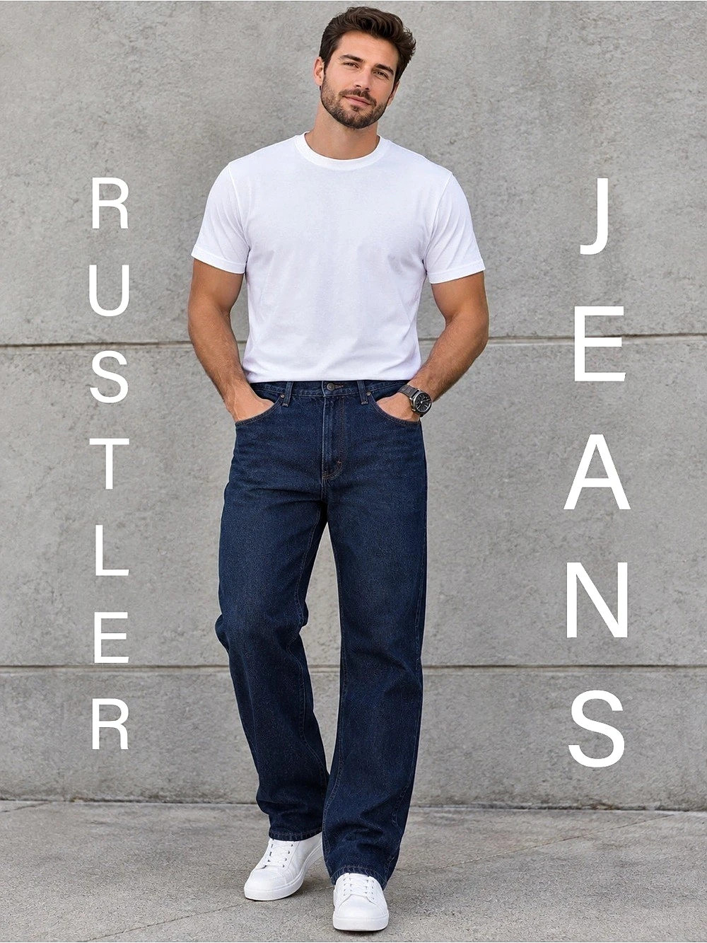 ✴️New✴️Rustler Men's Regular Fit Straight-Leg Jeans Blue Relaxed Jeans (34x32)